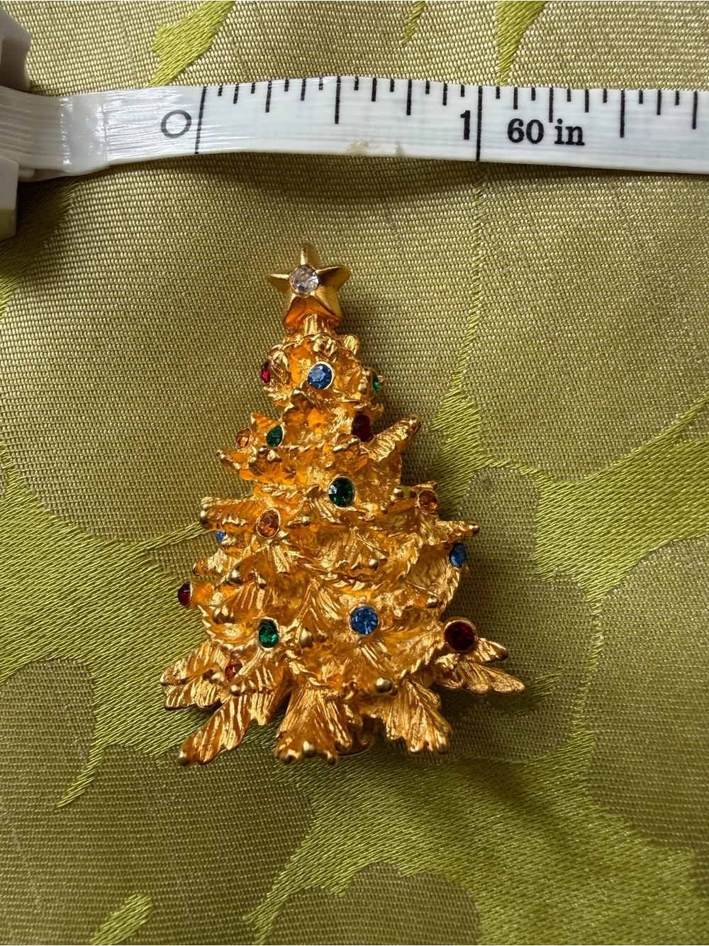 MERKSAMER matte Gold-tone Christmas Tree Brooch with Multicolor Rhinestones.